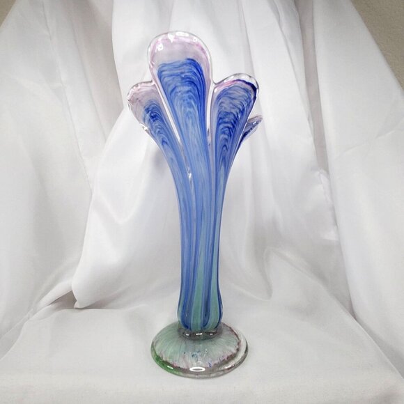 Handblown Art Glass Vase Pink & Blue Swirl Design Pulled Swung Glass 9.5"Tall - Picture 13 of 16